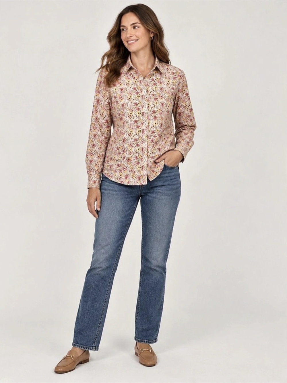 L.L.Bean Women’s Wrinkle-Free Pinpoint Oxford Shirt Relaxed Fit Floral Medium